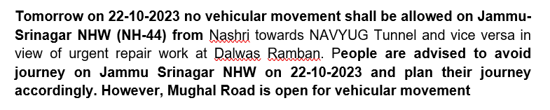 Traffic movement on NH-44 will remain suspended on 22-10-2023