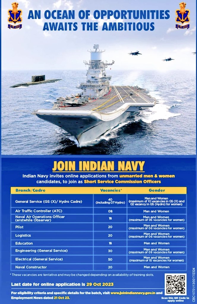 Online applications invited by Indian Navy from unmarried men & women candidates for grant of Short Service Commission (SSC)