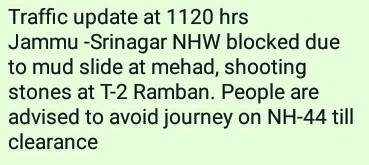 Traffic Update (11.20 am) Jammu -Srinagar National Highway