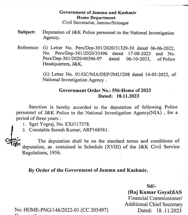Deputation of J&K Police personnel to the National Investigation Agency