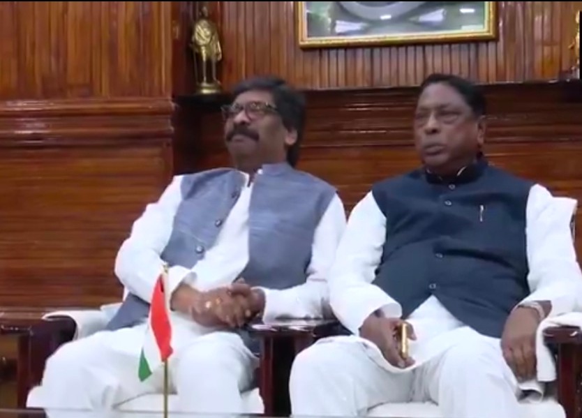 Jharkhand CM Hemant Soren holds a meeting of the state’s ministers and ruling side’s MLAs at CM’s residence in Ranchi after his alleged elopement