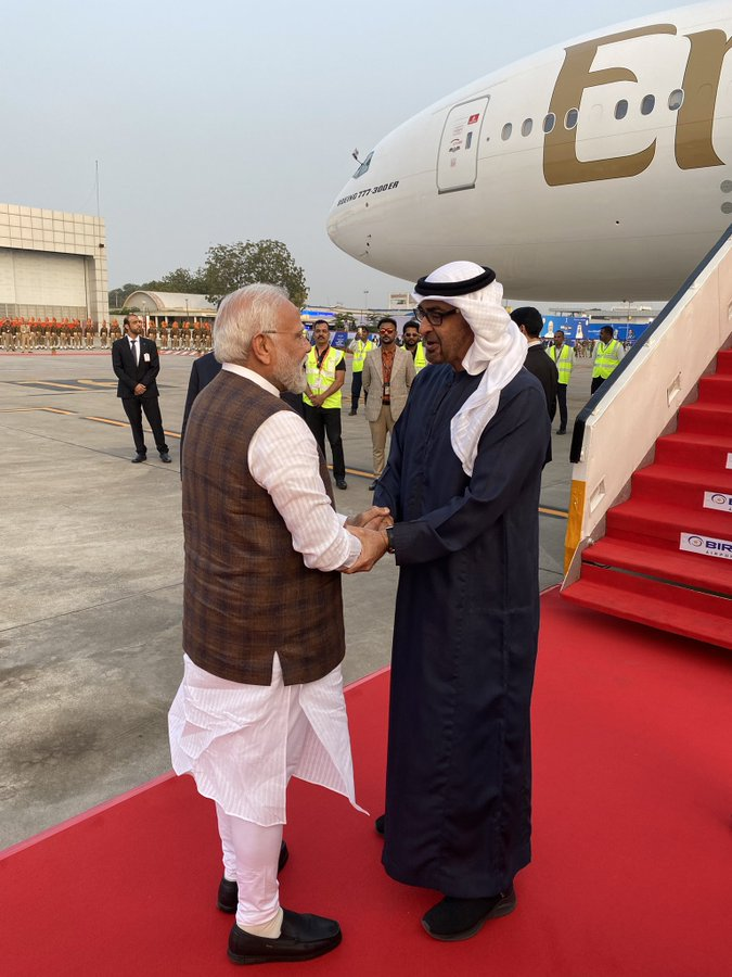 PM Narendra Modi welcomed Mohammed Bin Zayed President of UAE at Ahmedabad airport