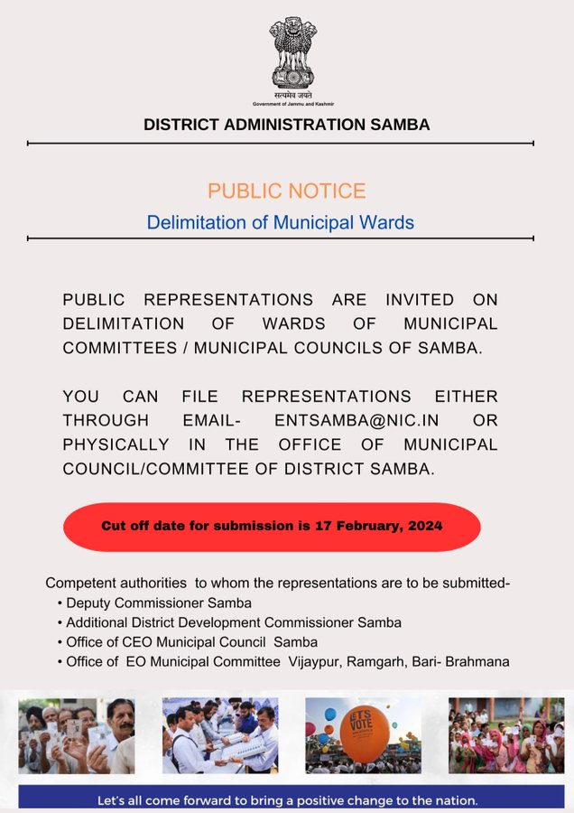 Public Notice for Delimitation of Municipal Wards in District Samba: Cut off date for submission is 17th Feb
