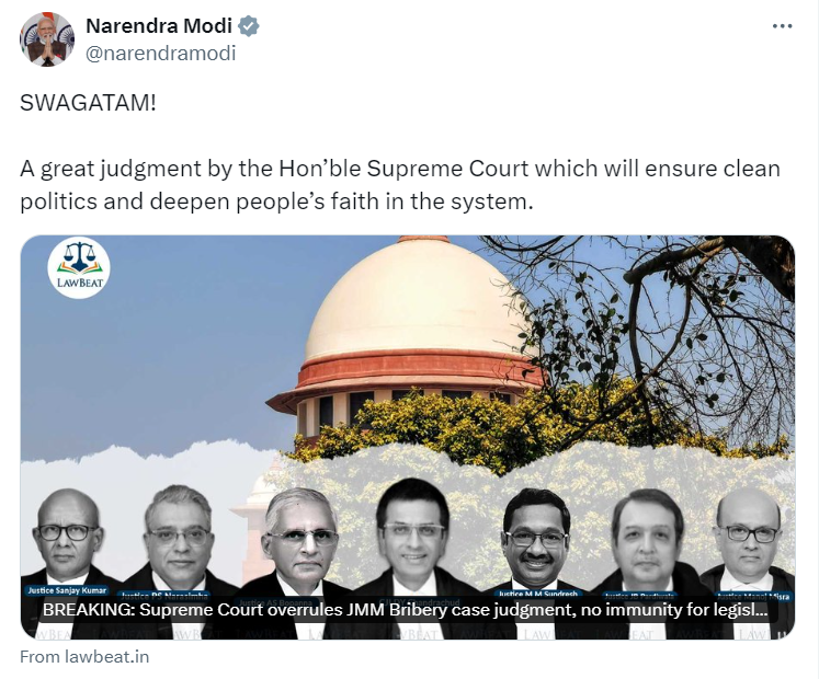 Prime Minister Narendra Modi tweets “A great judgment by the Supreme Court which will ensure clean politics and deepen people’s faith in the system.”