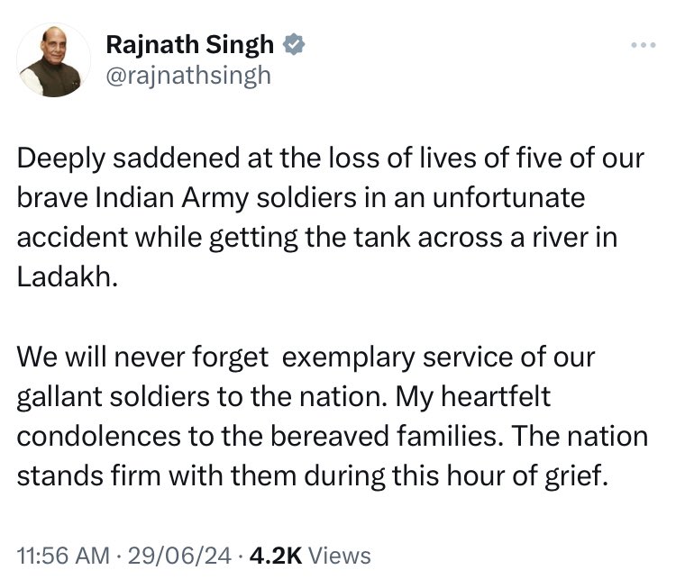 Five Indian Army Soldiers martyred in Ladakh Tank Accident: Defence Minister Expresses Condolences