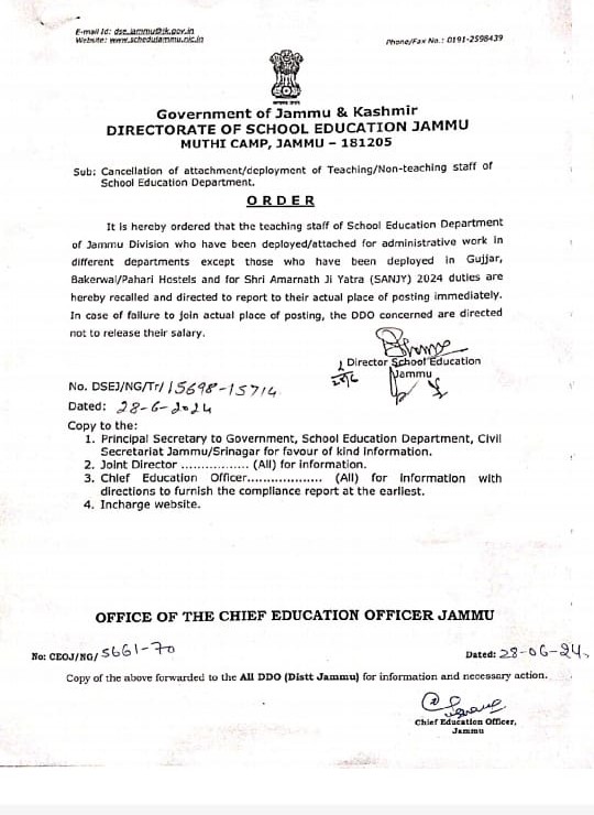 Cancellation of attachment/deployment of Teaching/Non-teaching staff of School Education Department