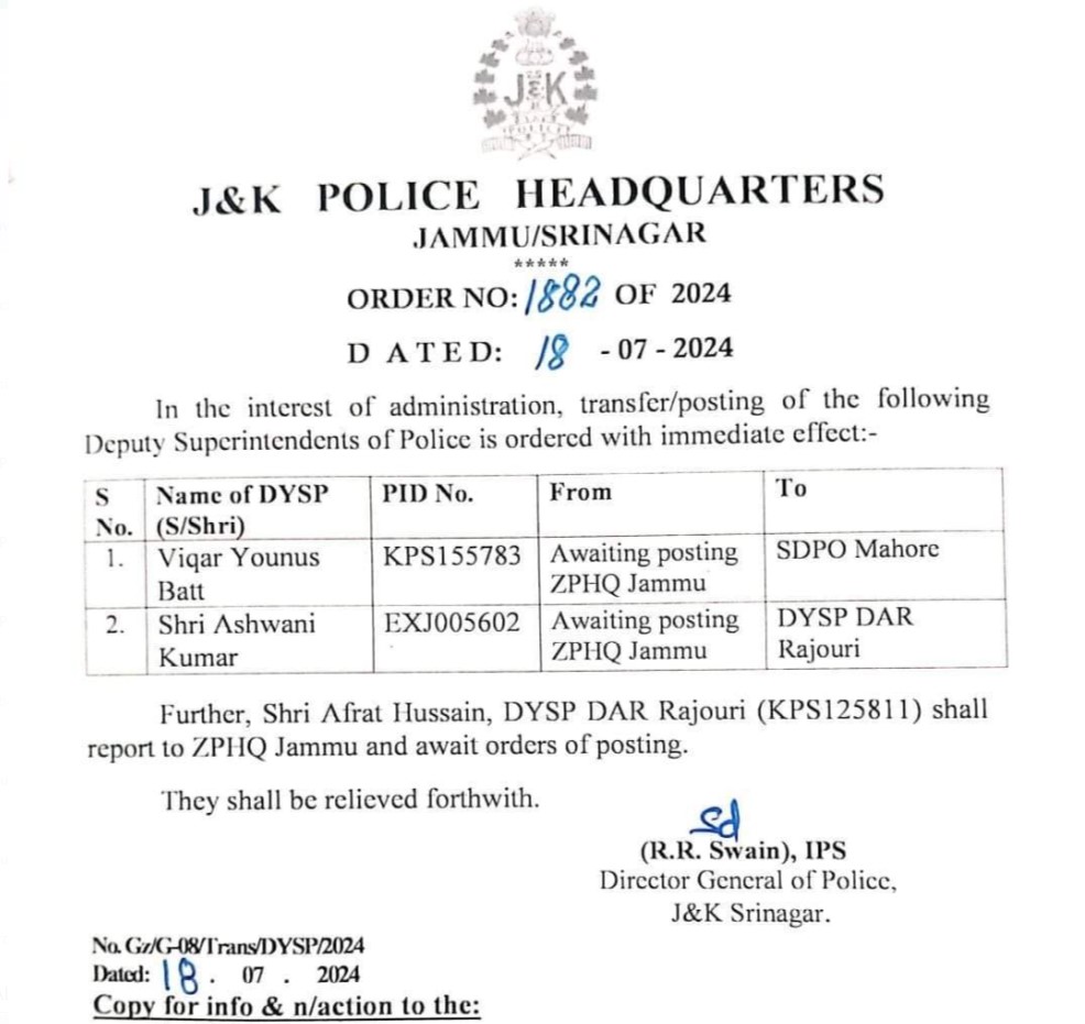 J&K Police orders transfers and postings of DySPs