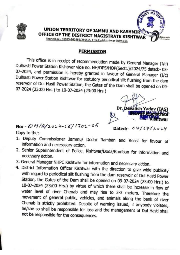 Movement of general public, vehicles and animals along the bank of river chenab is strictly prohibited from 09-07-2024 (2300 hrs) to 10-07-2024 (2300hrs)