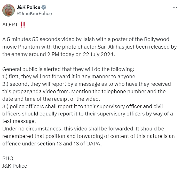 ALERT: J&K Police Issues Alert Over Jaish Propaganda Video