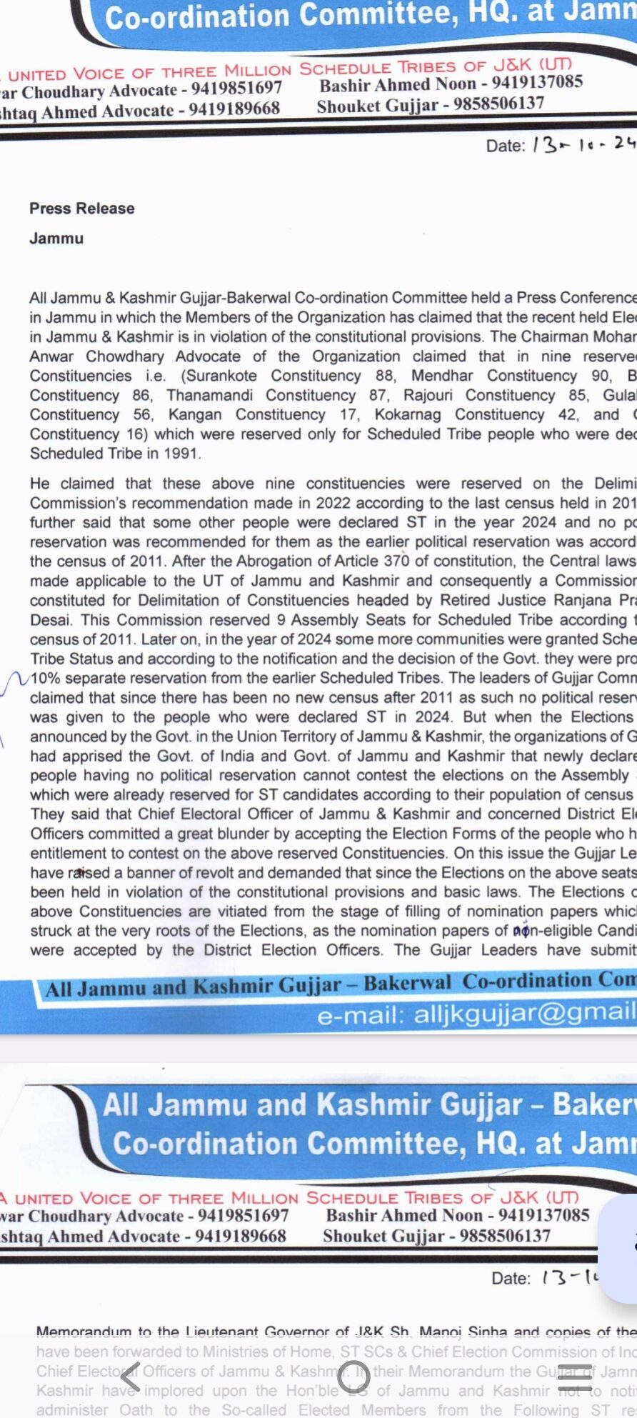 All Jammu & Kashmir Gujjar-Bakerwal Co-ordination Committee claimed the recent held Elections in Jammu & Kashmir is in violation of the constitutional provisions