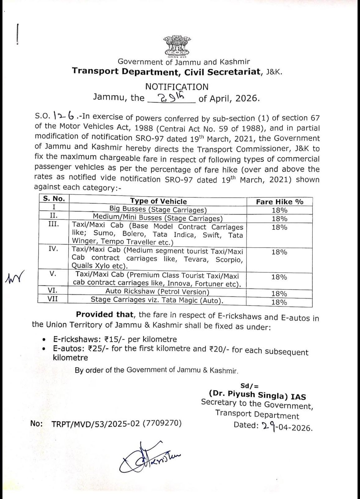 Jammu & Kashmir Govt Announces 18% Fare Hike for Public Transport