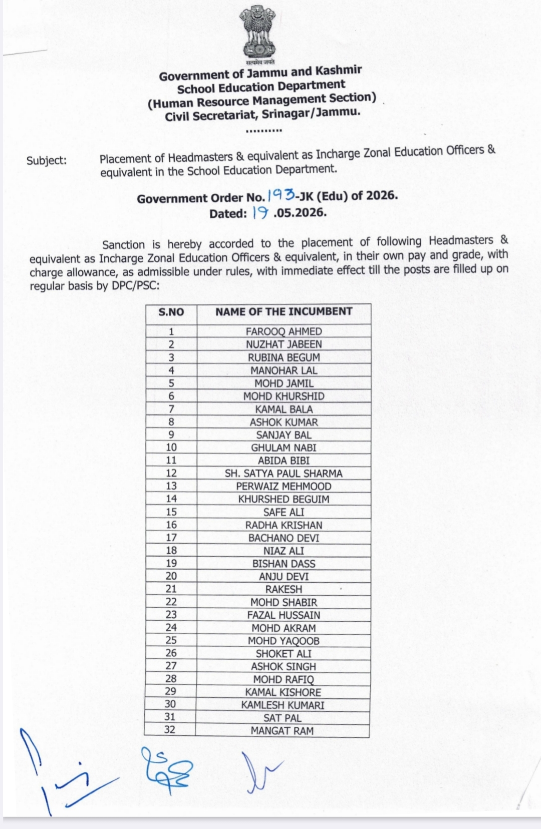 Placement of Headmasters & equivalent as Incharge Zonal Education Officers & equivalent in the School Education Department